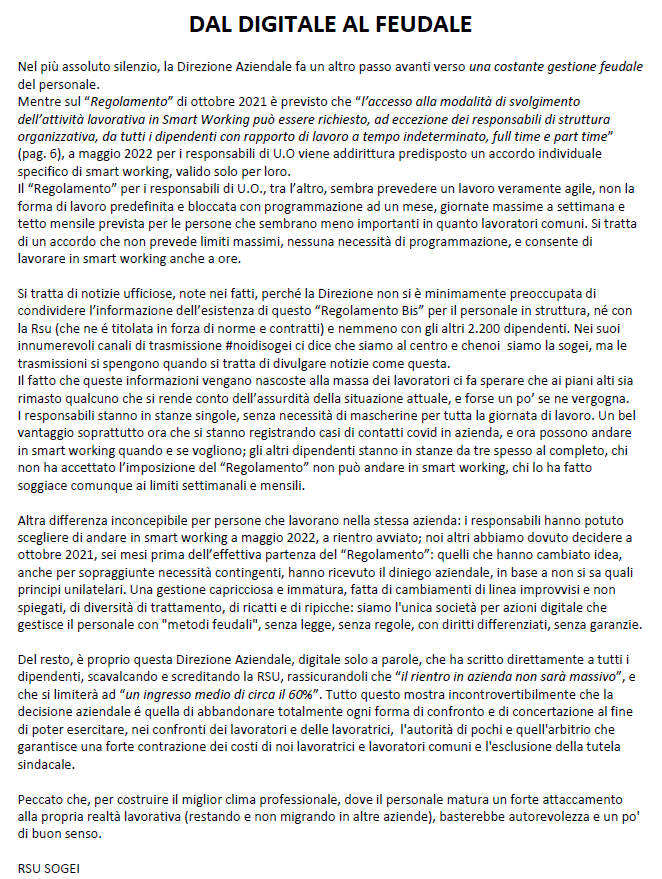 RsuSOGEI's tweet photo. OGGI ORE 10:30 ASSEMBLEA GENERALE in #SOGEI
APPUNTAMENTO NELLO SPAZIO ESTERNO DI FRONTE ALLA TORRE E DI CARUCCI 99 Intanto leggete questo. #digitale #feudale #smartworking @SmartWorkersUn1 @AndreaOrlandosp https://t.co/EFazYrKd9Q