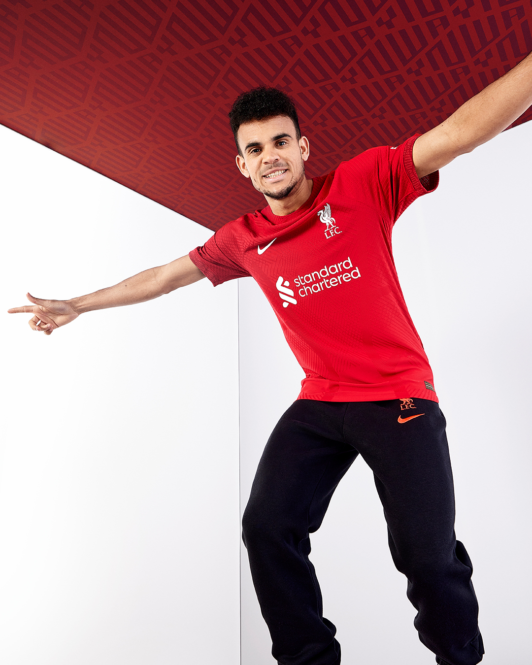 Luis Diaz wearing the Liverpool home kit for the 2022/23 season from Nike.