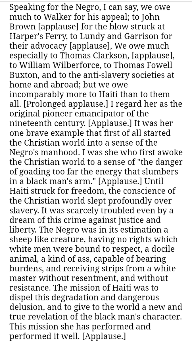 PJAxemurderer's tweet photo. Every christian nation held slaves until the Hatian revolution scared some into beginning emancipation. Emancipation solely to save themselves from the wrath of the enslaved Africans, not out of any noble ideals

(transcript of Frederick Douglass' speech at the 1893 World's Fair) https://t.co/G7DgmlEoqv