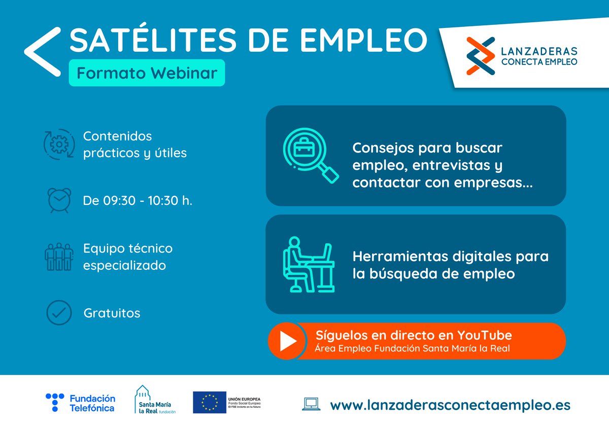 AreaEmpleoFSMLR's tweet photo. 📣 Nuevo ciclo de #SatélitesDeEmpleo en formato #Webinar! 👩💻👨💻 Comienza la próxima semana con #CharlasFormativas por #Youtube con #Consejos prácticos sobre #BúsquedaDeEmpleo🎯 , #HerramientasDigitales📲 #EntrevistasDeTrabajo🗣️👥 y #ContactoConEmpresas 💼
https://t.co/h2DuQ4HGyA https://t.co/IzIq2dlIs7