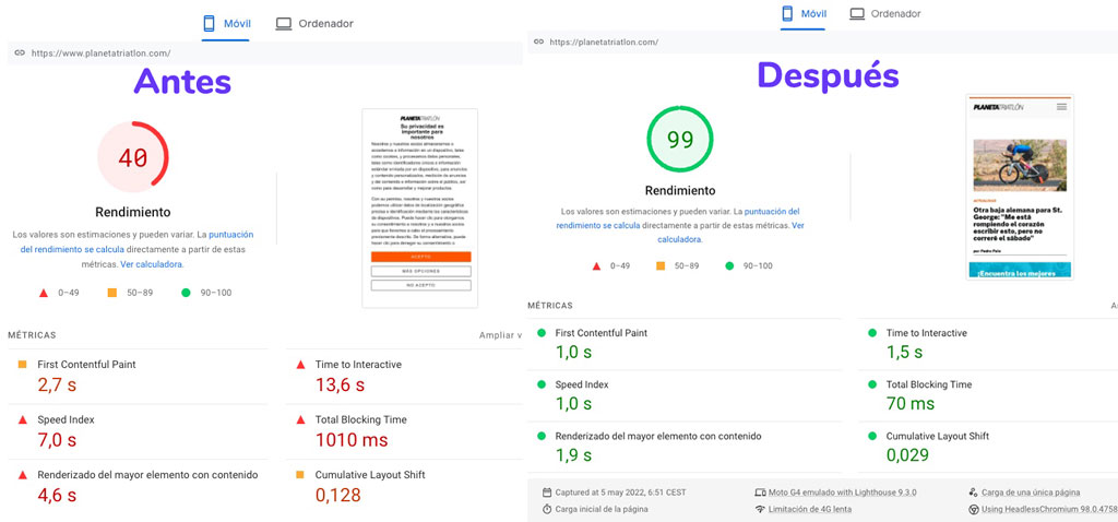 Nueva optimización terminada 🚀
En este caso importante medio nacional, con subida de 40 a 99 en portada.

La base era buena, pero al pulir los detalles pudimos sacar todo el potencial. En pocas semanas deberían notar subida en SEO 📈 #webperf
Gracias por la confianza <a href="/Spacebom/">Spacebom</a>