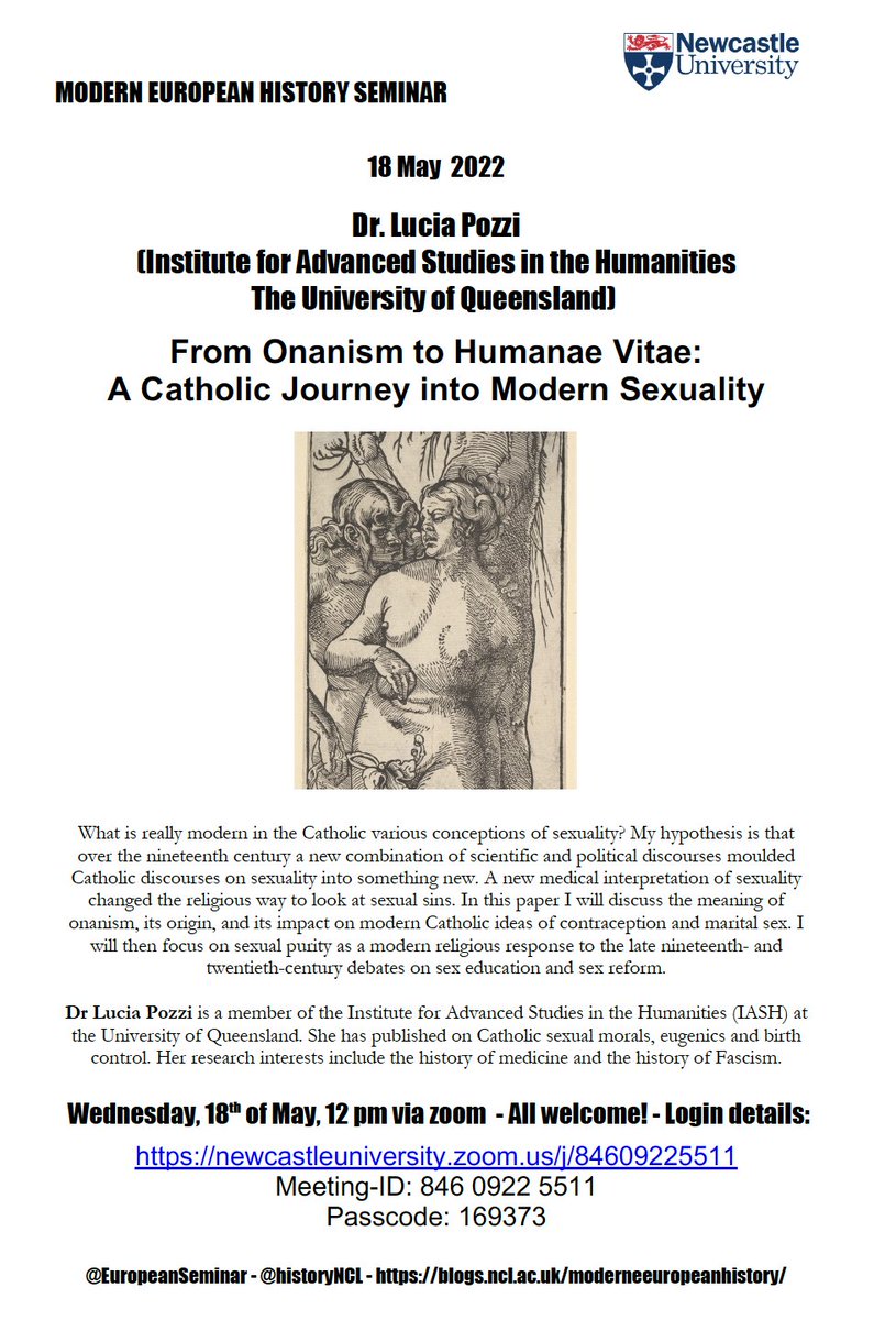 EuropeanSeminar's tweet image. Safe the date: Our last paper for this academic year will 'A #Catholic Journey into Modern #Sexuality', presented by Dr Lucia Pozzi @UQ_News on 18 May 2022, mid-day here in the UK, via zoom. Details attached. All welcome!