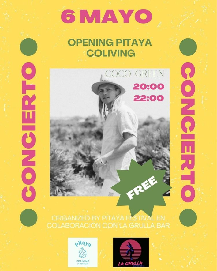 Este viernes a las 20:00h. toca mover el cuerpo con el pop-tropical de #CocoGreen <a href="/cocositoverde/">COCO GREEN</a> 🥥💚.
¡No te lo pierdas!
Concierto organizado por @pitayacoliving &amp; @pitayafestival .
#lagrullabardecosas 
 📍#MarinaLanzarote 

#livemusic #respetoymusica #concierto #mayo