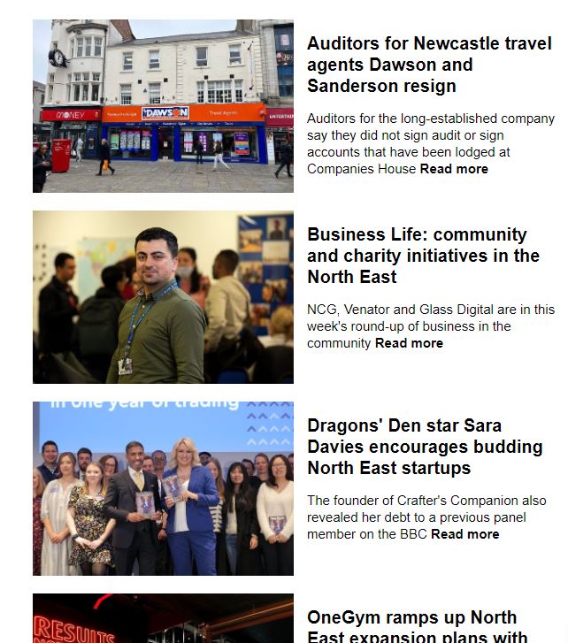 _TomKeighley's tweet photo. On today's @businesslive North East newsletter:

✈️Auditors for Dawson and Sanderson resign over accounts row
⭐️Dragons' Den star @SaraDaviesCC talks to budding entrepreneurs in Newcastle
🏋OneGym secures investment from @JMiddletonCBE 
🦠Results from @e_Therapeutics 
+ more! https://t.co/RuObl4JO0C