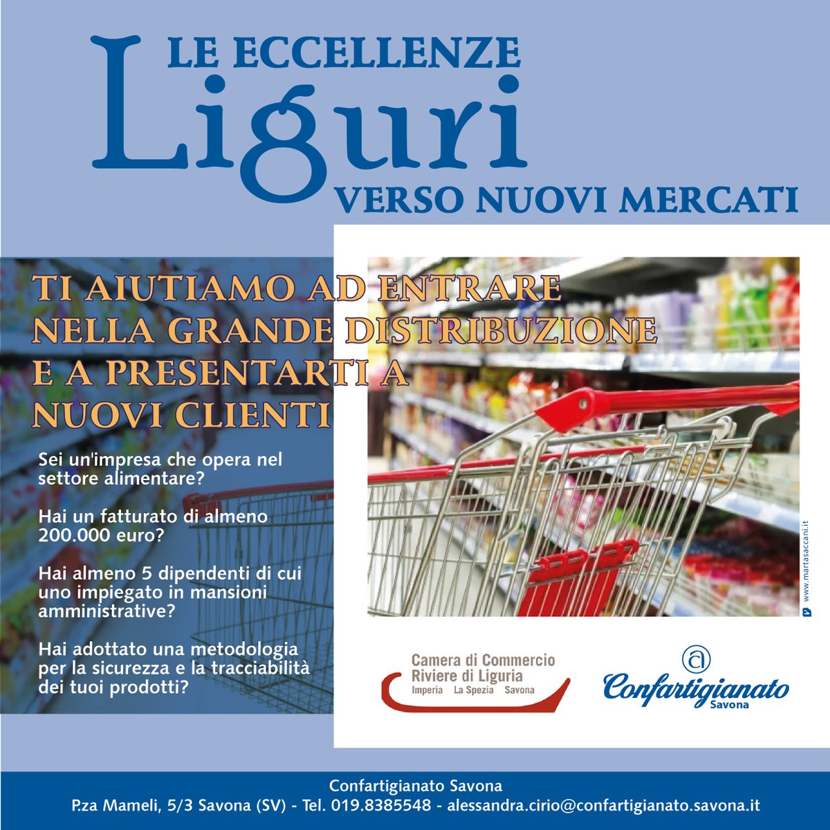 #imprese #alimentare #eccellenzeliguri #gdo
E' un progetto rivolto agli operatori del settore alimentare. E' un #accompagnamento con la  collaborazione di esperti del settore fino a favorire il match con nuovi #buyer. 
<a href="/CCIAARIVLIG/">CCIAA RIVLIG</a>  
#beconfartigianato