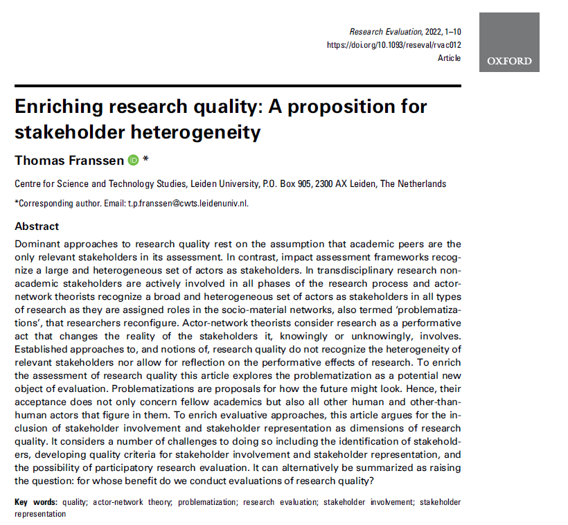 For whose benefit do we evaluate? Great new paper by @ThomasFranssen on diverse stakeholder involvement as an underpriced dimension of research quality academic.oup.com/rev/advance-ar…  #OA @cwtsleiden @RoRInstitute