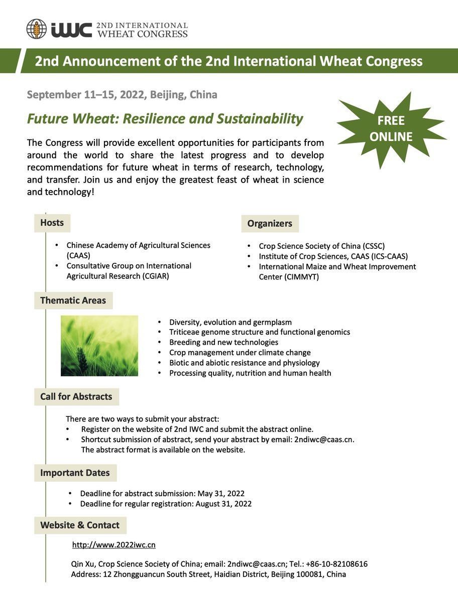 <a href="/eakhunov/">Eduard Akhunov</a> <a href="/CristobalUauy/">Cristobal Uauy</a> <a href="/MSUWheat/">MSU Wheat Genetics</a> <a href="/WheatInitiative/">Wheat Initiative</a> <a href="/IWYP_wheat/">IWYP</a> <a href="/wheatgenome/">wheatgenome</a>  <a href="/kaur_gazal/">Gazaldeep Kaur</a> Welcome to the 2nd International Wheat Congress, Beijing, China 11-15 September, 2022. A hybrid form of on-site lectures and online broadcast will be adopted. #wheat 2022iwc.cn