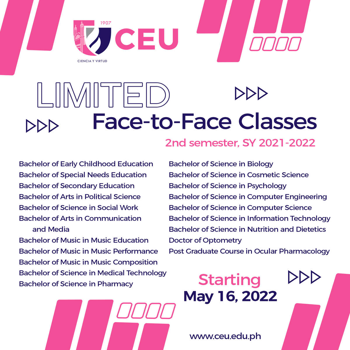 CEUmanila's tweet photo. Centro Escolar University intends to conduct limited face-to-face classes for the following programs this 2nd semester, SY 2021-2022 starting May 16, 2022. We can't wait to see you, Escolarians! 💗 https://t.co/Fmz0WxY1jf