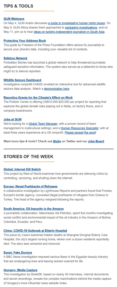 GIJN's bulletin this week highlights:
👉 @FbdnStories' new #SafeBoxNetwork;
👉 @C4ADS' wildlife seizure dashboard;
👉 @pulitzercenter's reporting grants;
👉 @gijn's job opportunities; and more.
mailchi.mp/gijn/newslette…