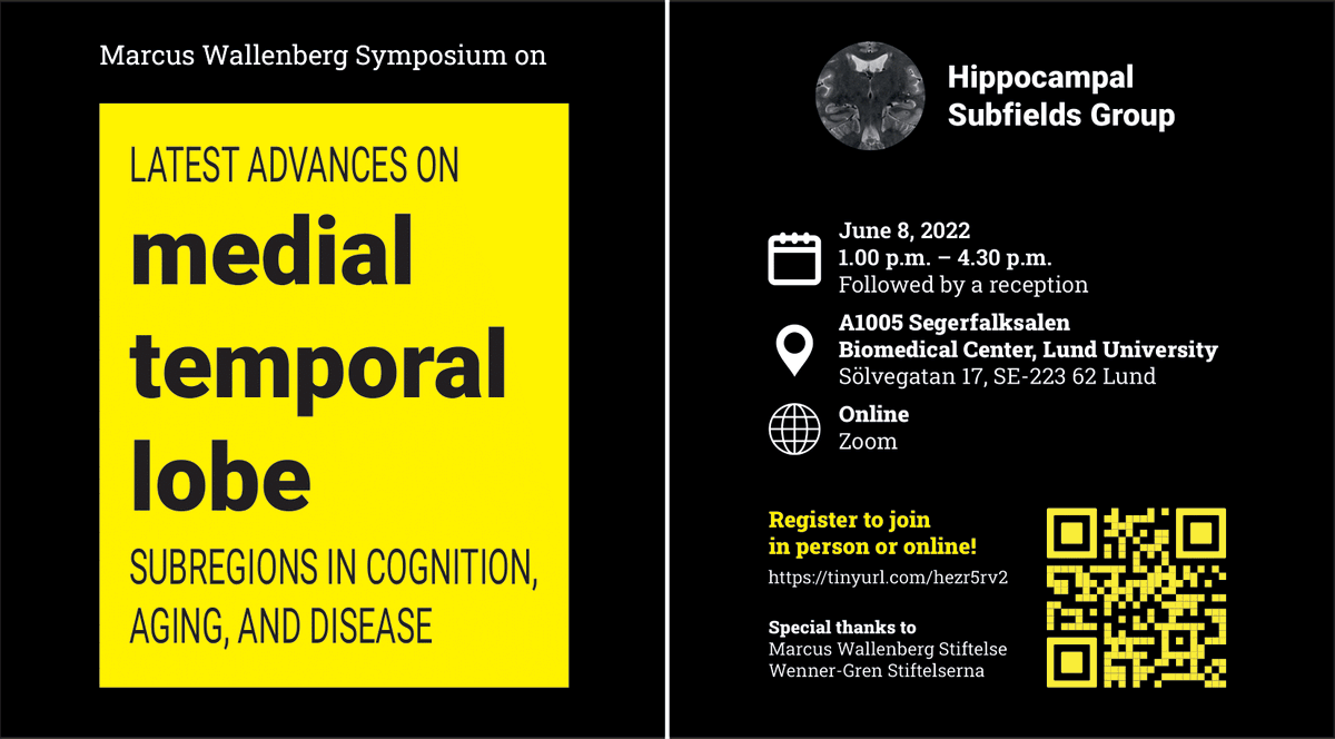 hipposubfields's tweet photo. HSGers, listen up! 📢
We are excited to announce the Marcus Wallenberg Symposium “Latest advances on medial temporal lobe subregions in cognition, aging, and disease”, taking place in Lund, Sweden on June 8, 2022. Can’t make it to Sweden? Simply join us via Zoom! (1/2) https://t.co/6Zru2Dg5io