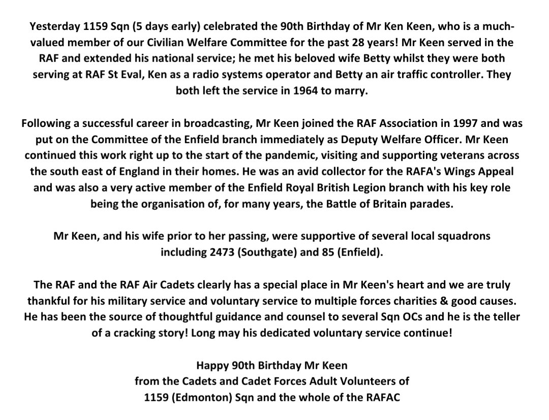 Dr Aaron Braddy-Green (@draaronbraddy) on Twitter photo YDA <a href="/1159Sqn/">1159 (Edmonton) Sqn</a> <a href="/MiddlesexATC/">Middlesex Wing RAFAC</a> celebrated the 90th B'day of Mr Ken Keen, a CivCom member for the past 28 years! Mr Keen served in the <a href="/RoyalAirForce/">Royal Air Force</a> & supported local branches of <a href="/PoppyLegion/">Royal British Legion</a> & <a href="/RAFAssociation/">RAF Association</a>! Happy Birthday Mr Keen! <a href="/aircadets/">RAF Air Cadets</a> <a href="/RegComdtLASER/">RC LASER</a> <a href="/ComdtAC/">Commandant RAF Air Cadets</a> @AOC22Group YDA <a href="/1159Sqn/">1159 (Edmonton) Sqn</a> <a href="/MiddlesexATC/">Middlesex Wing RAFAC</a> celebrated the 90th B'day of Mr Ken Keen, a CivCom member for the past 28 years! Mr Keen served in the <a href="/RoyalAirForce/">Royal Air Force</a> & supported local branches of <a href="/PoppyLegion/">Royal British Legion</a> & <a href="/RAFAssociation/">RAF Association</a>! Happy Birthday Mr Keen! <a href="/aircadets/">RAF Air Cadets</a> <a href="/RegComdtLASER/">RC LASER</a> <a href="/ComdtAC/">Commandant RAF Air Cadets</a> @AOC22Group