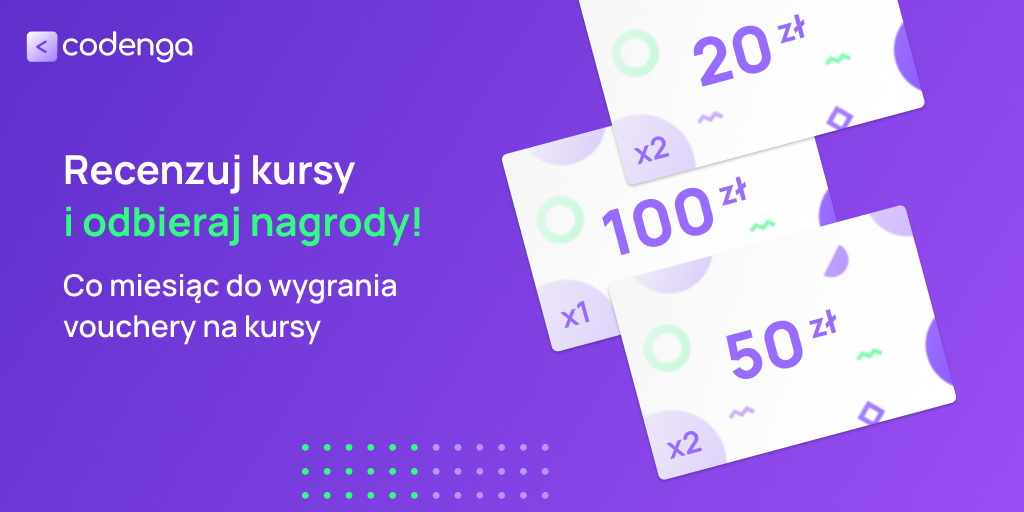 codenga_pl's tweet image. #nowość w #Codenga 📣📣 
Możesz zgarnąć #voucher o wartości nawet 100zł🤩 Podziel się swoimi doświadczeniami  i szczerą opinią o kursie dodając #recenzje na platformie Codenga. ⭐
Najbardziej rzetelne recenzje co miesiąc zostaną nagrodzone voucherami o wartości: 100, 50 i 20 zł.