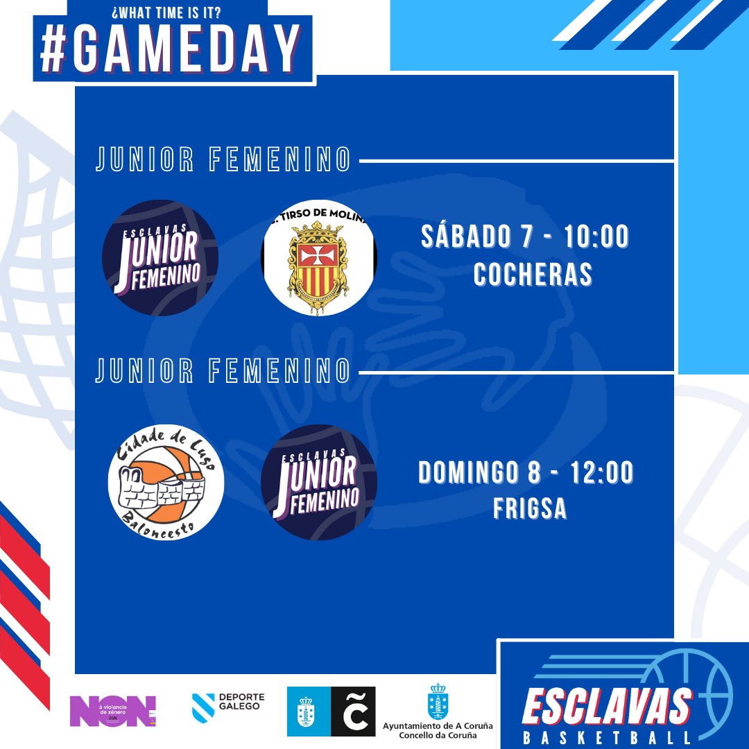 ClubEsclavas's tweet photo. ⏱️#Gameday⏱️
🏀Fase de Ascenso
➡️Infantil M.🆚 Celtas de Foz.
🏀Fase Final #RoadToAuto
➡️Senior F.🆚 A Estrada.
➡️Junior F.🆚Tirso
➡️Junior F.🆚 @cidadedelugo
#GoBLues🔥 @coruna_deportes @Deportegalego @EsclavasAC https://t.co/WXwkGchLGO