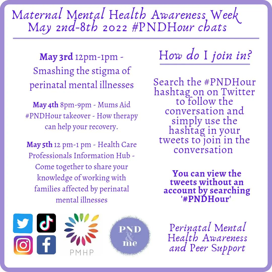 Todays lunchtime #PNDHour with @PNDandMe 12-1pm will be for health care professionals and voluntary sector to share your knowledge & tips for working with families affected by perinatal mental illness. #MaternalMentalHealthAwarenessWeek #maternalmhmatters #thepowerofconnection