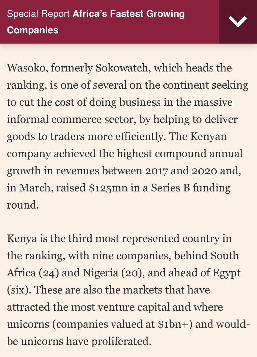 On 1-side, we’re winning…Wasoko a Kenyan startup has been ranked as Africa’s Fastest Growing Company &amp; Kenya is 3rd with the most presented companies on the list. The innovation space is really pushing…Meanwhile, the Gvt has made the cost of living &amp; doing business unbearable🤦🏽‍♀️