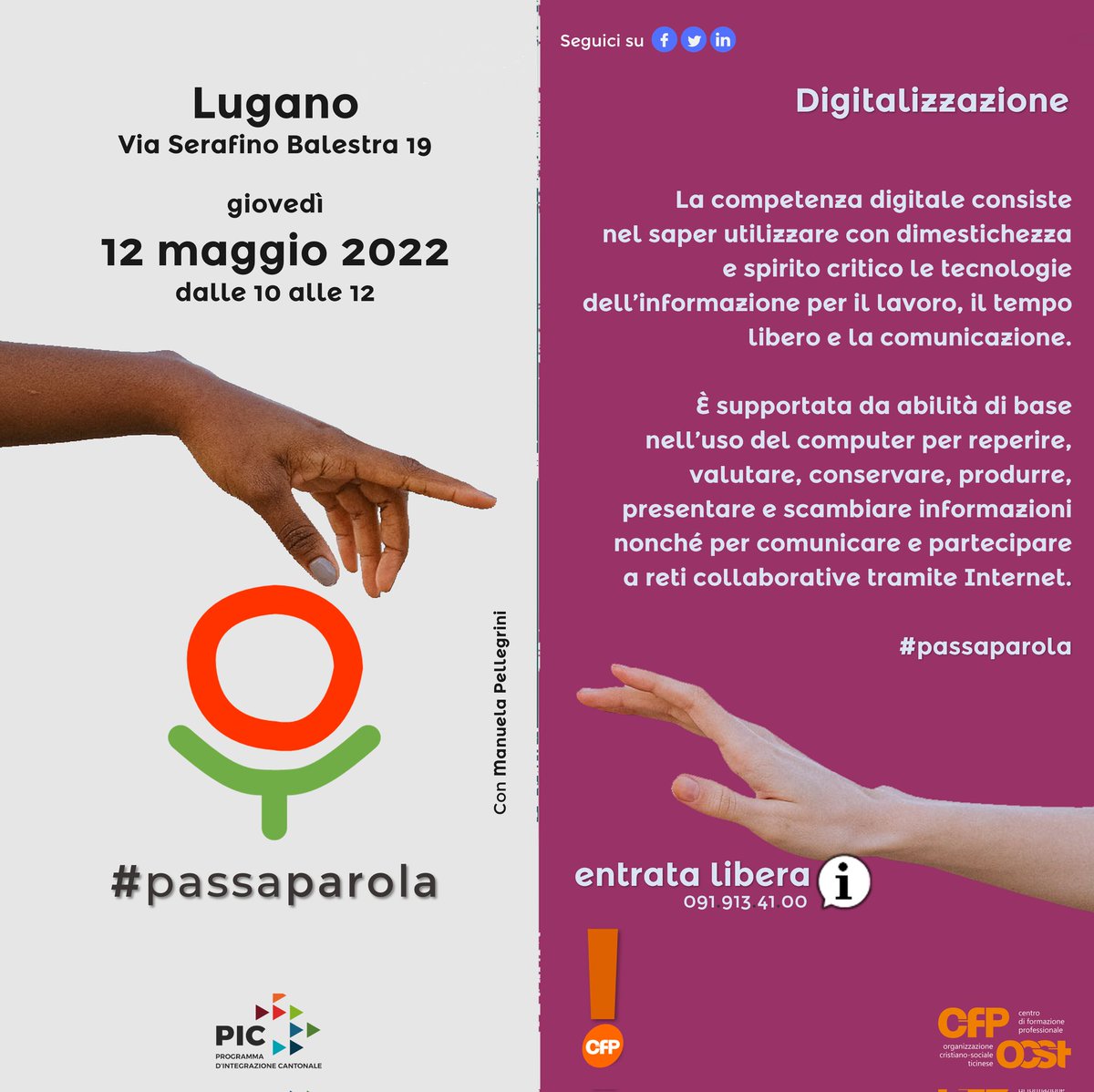 Sosteniamo l’integrazione di persone di origine straniera tramite incontri di socializzazione in lingua italiana, che si rivolgono a tutte le persone residenti nel nostro Cantone; svizzeri, domiciliati, dimoranti e persone con un permesso F+7 sono tutti i benvenuti!