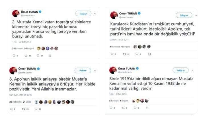 Ümit Özdağ, 'Atatürkçü olmayanların canı cehenneme.' demiş. Danışmanı Ömer Turan'ın, Atatürk'le ilgili paylaşımları :) 
/MuratSarıca/