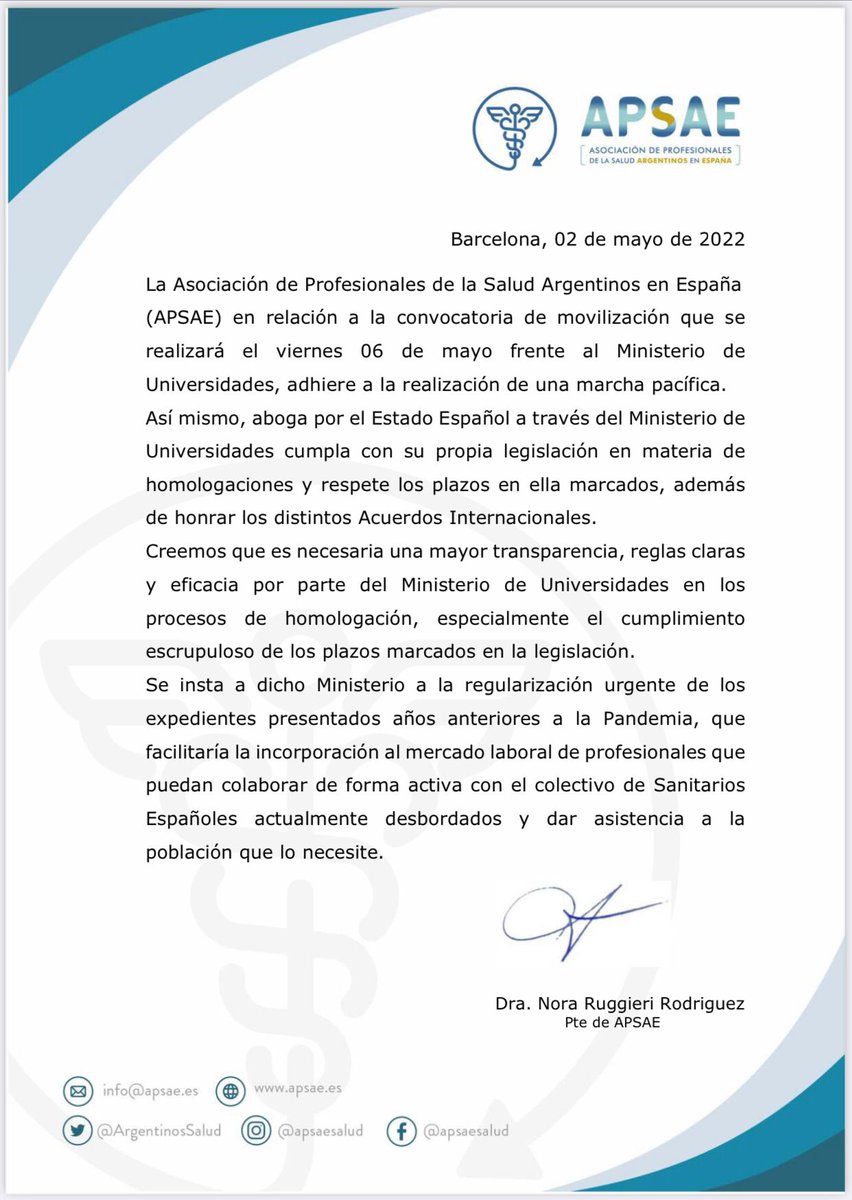APSAE (@argentinossalud) on Twitter photo APSAE apoya la marcha #homologacionjustaya que se realizará el 06 de mayo frente al <a href="/UniversidadGob/">Ministerio de Universidades</a> e insta a dicho Ministerio a cumplir con su propia legislación, haciendo hincapié en el cumplimiento riguroso de los plazos y honrar los Acuerdos Internacionales. APSAE apoya la marcha #homologacionjustaya que se realizará el 06 de mayo frente al <a href="/UniversidadGob/">Ministerio de Universidades</a> e insta a dicho Ministerio a cumplir con su propia legislación, haciendo hincapié en el cumplimiento riguroso de los plazos y honrar los Acuerdos Internacionales.
