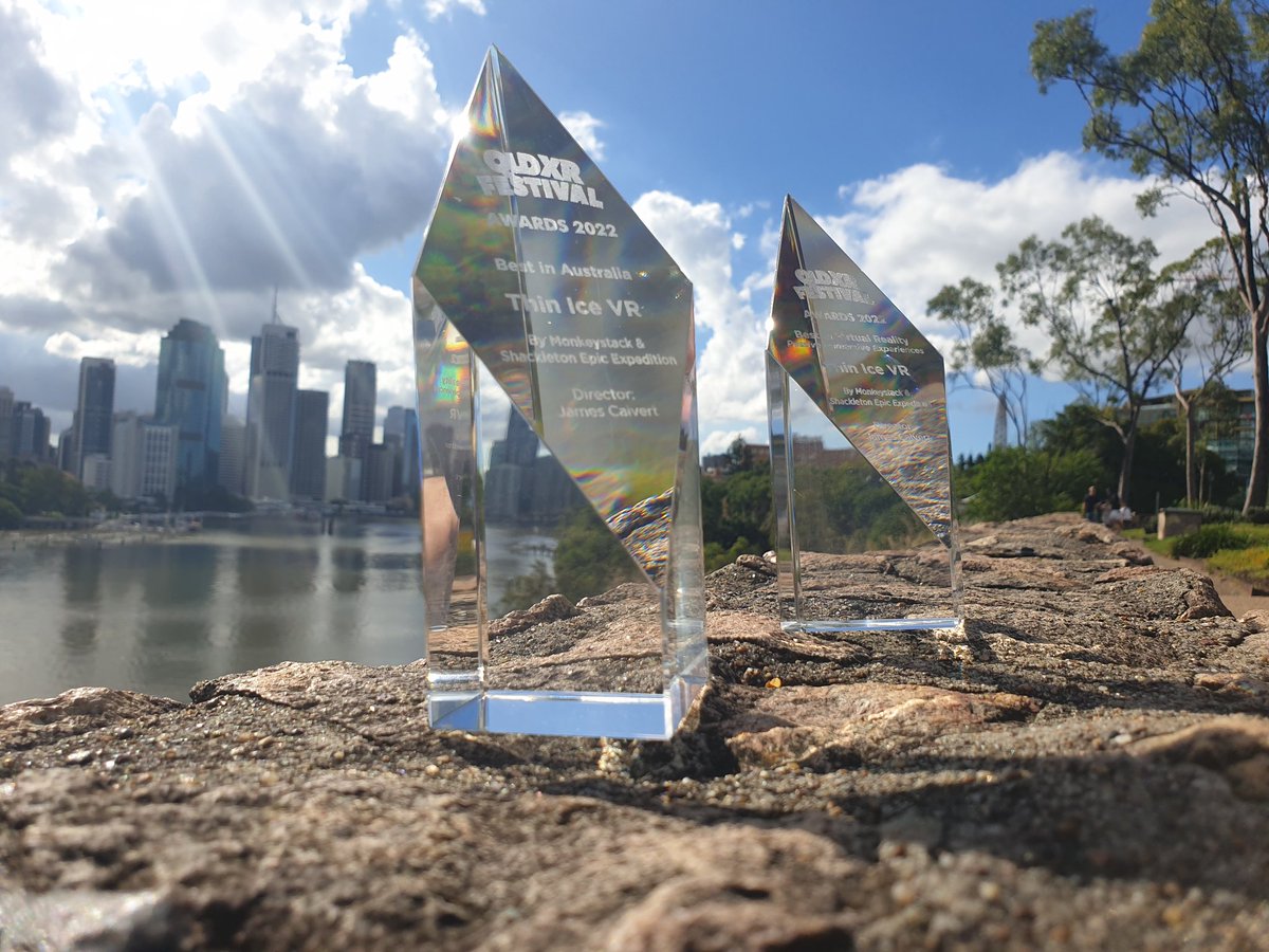 qldxrfestival's tweet image. Both of @Monkeystack's trophies side by side. Best in Australia &amp;amp; Best in Virtual Reality Passive Emersive Experiences #virtualreality #vr #monkeystack #thinicevr #qldxrfestival