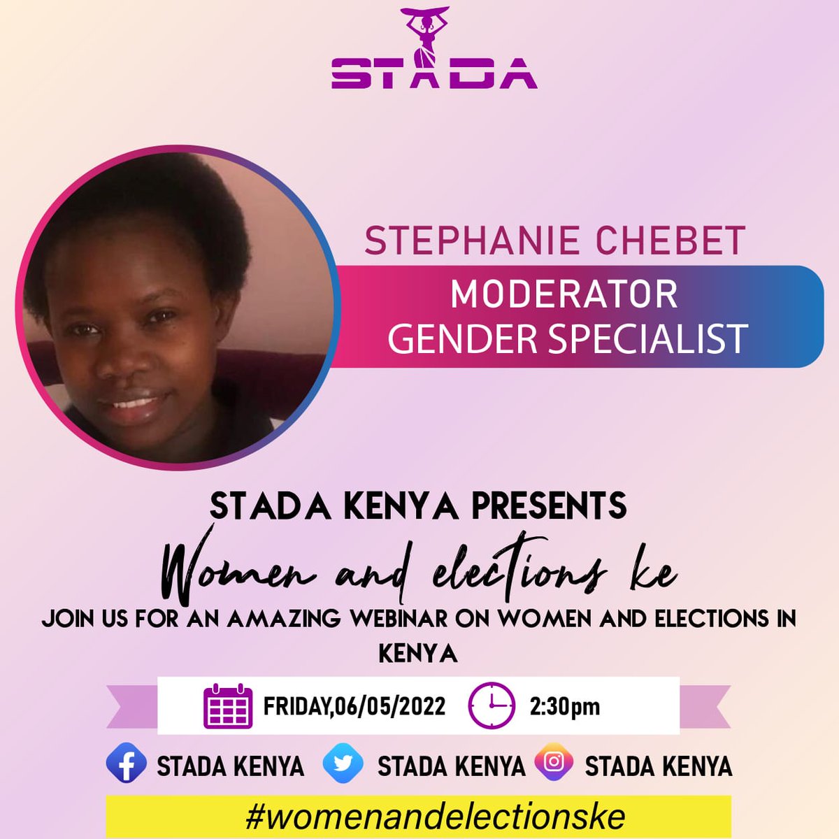 Our moderator on 6th May , this Friday  during our Webinar is <a href="/MateStephanie/">Stephanie Mate</a> (Gender specialist) #WomenAndElectionsKE