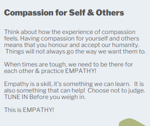 HCDSB's tweet photo. Today's #HCDSBMentalHealthWeek theme is 𝘾𝙤𝙢𝙥𝙖𝙨𝙨𝙞𝙤𝙣 𝙛𝙤𝙧 𝙎𝙚𝙡𝙛 &amp; 𝙊𝙩𝙝𝙚𝙧𝙨. Let's practice empathy every day by tuning in before we weigh in. 💚  #HCDSBbelonging https://t.co/sczNE3GF1t