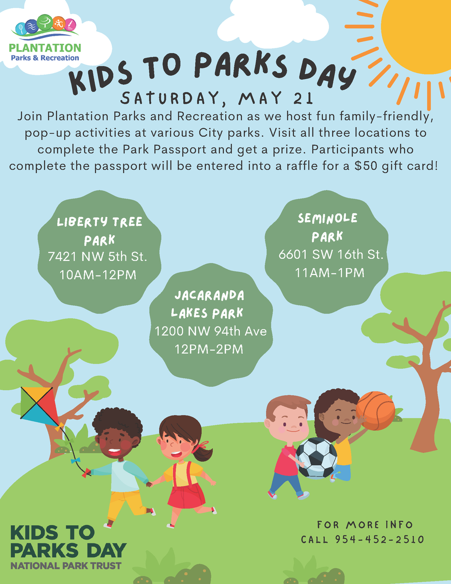 PlantationFLA's tweet photo. Kids To Parks Day is Saturday, May 21st! 

🌳Liberty Tree (10a-12p)
🌳Seminole Park (11a-1p)
🌳Jacaranda Lakes (12p-2p)

Each pop-up park will have unique games, activities, and crafts. 

More info: 954-452-2150 https://t.co/5eM2cmHRr3