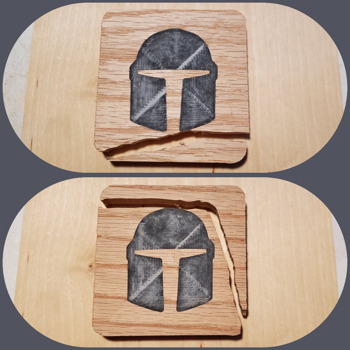 BitSizedBuilds's tweet photo. Sometimes things don't work out as planned. These coasters didn't make it-however, all is not lost. 

We've got some abstract plans for them! Might be a while since it's a side project. 

#mando #starwars #pratice #broken #notperfect #grey #woodworking #cnc https://t.co/x73Tpdedjh