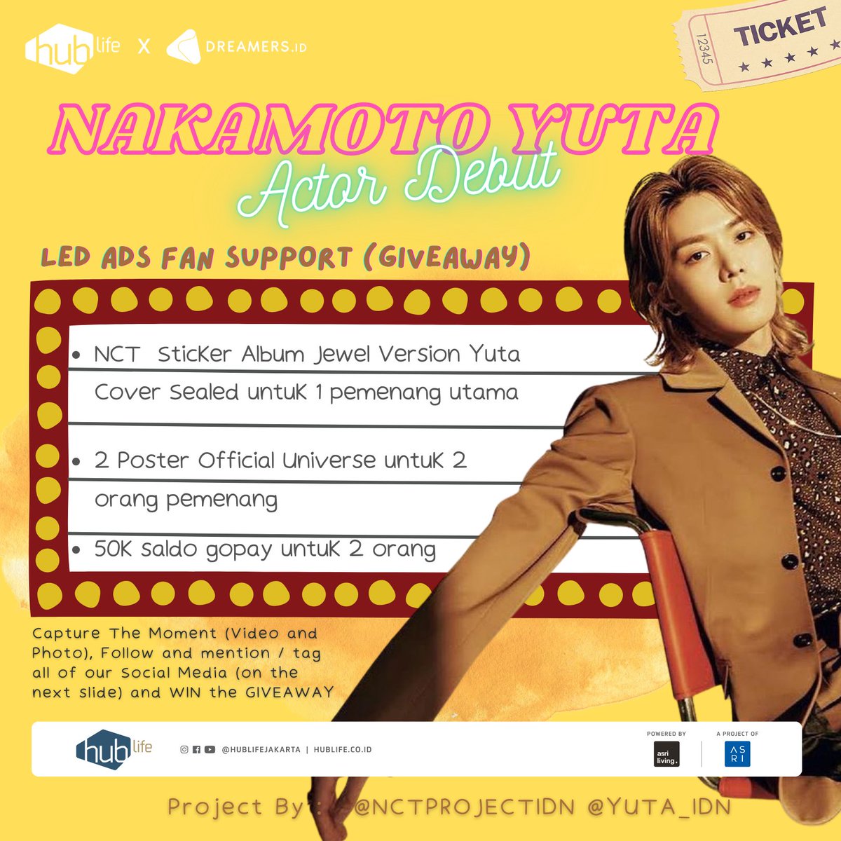nctprojectidn's tweet photo. "NAKAMOTO YUTA ACTOR DEBUT - LED ADS FAN SUPPORT" 🍒🐙🦋🦁🔥

Don't forget to capture the moment (vid &amp; pic) &amp; tag all our socmed when you are visiting the LED Ads! There will be some official album &amp; merchandises waiting for you! 📸👌🏼🎁
#Yuta #YutaNCT #ActorYuta #中本悠太 #유타 https://t.co/Ndu4rxYTuc