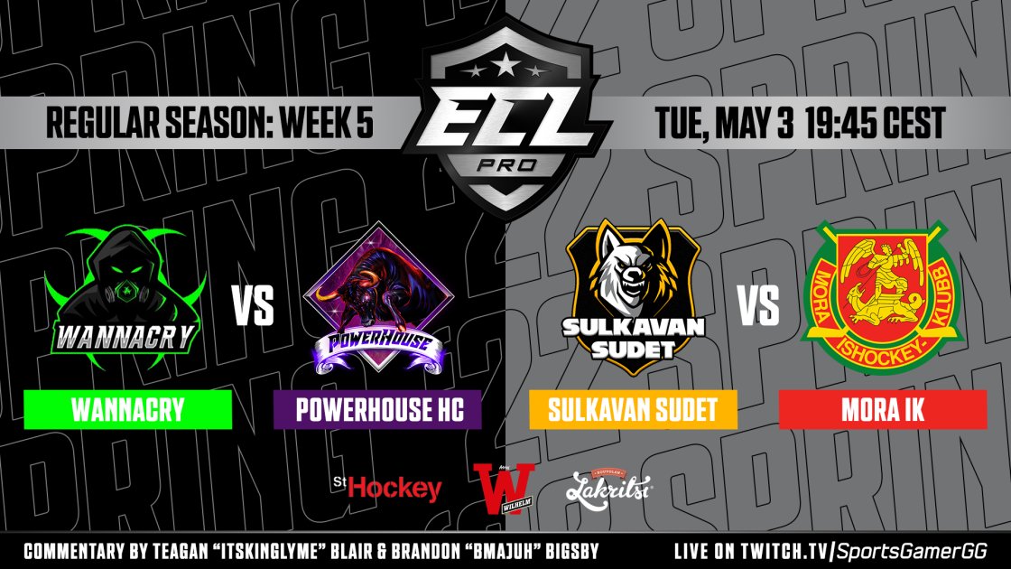 Join us tonight for some #ECL22Spring Pro battles! 

🕗19:45 CEST
📺twitch.tv/SportsGamerGG
<a href="/WannaCryNHL/">WannaCry</a> vs <a href="/PowerhouseHC_/">Powerhouse HC</a> 
<a href="/SudetEASHL/">Sulkavan Sudet EASHL</a> vs <a href="/moraikesport/">Mora IK Esport</a> 

#NHL22 #esports #MukanaWilhelm #kouvolanlakritsi