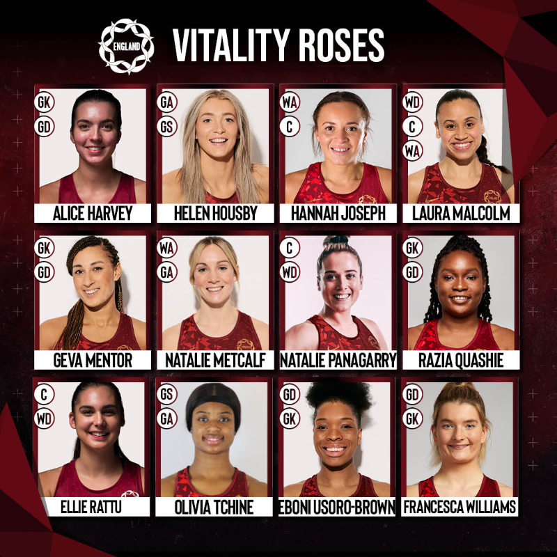 EnglandNetball's tweet photo. Say hello to the class of 2022-23 👩‍🎓🌹 

@JessThirlby has named 24 players in the Vitality Roses programme 💪 

16 athletes have also been selected for the Future Roses programme 💫