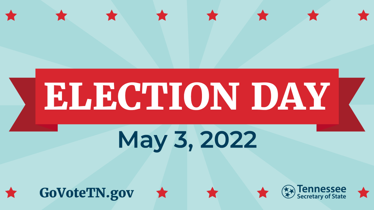 It’s Election Day! Vote at your assigned polling location from 7am – 7pm. Not sure where you’re assigned? Check the Polling Place Finder at bit.ly/2Suyyfs, grab your photo ID issued by the federal or TN state government and #VOTE.
