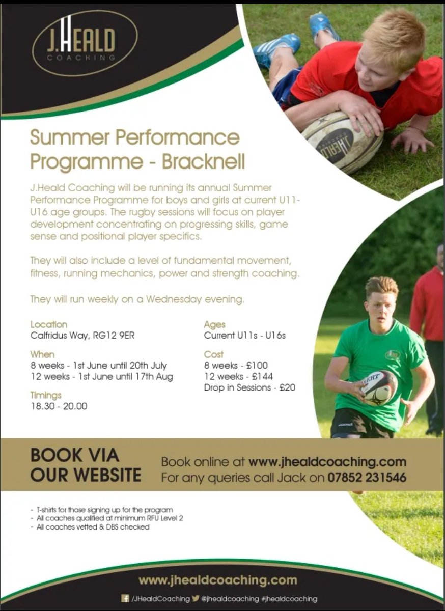 Highly Popular and very much enjoyed by all that take part, <a href="/jhealdcoaching/">J.Heald Coaching</a>  coaching is back with his summer Performance Programme available for your Rugby star of the household! 

Welcoming girls &amp; Boys currently at U11 -U16 age Groups

Book now 👇👇👇

jhealdcoaching.com/product/j-heal…