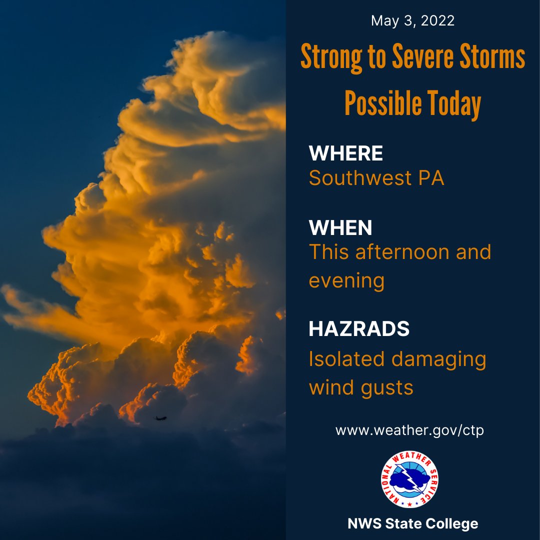 NWSStateCollege's tweet photo. Thunderstorms this afternoon and evening in the Laurel Highlands will be capable of producing isolated damaging wind gusts. Learn how to stay safe from thunderstorms hazards by visiting
https://t.co/Uiw5Qrkfy6
#PAwx #WhenThunderRoarsGoIndoors https://t.co/pLs3pvomXz