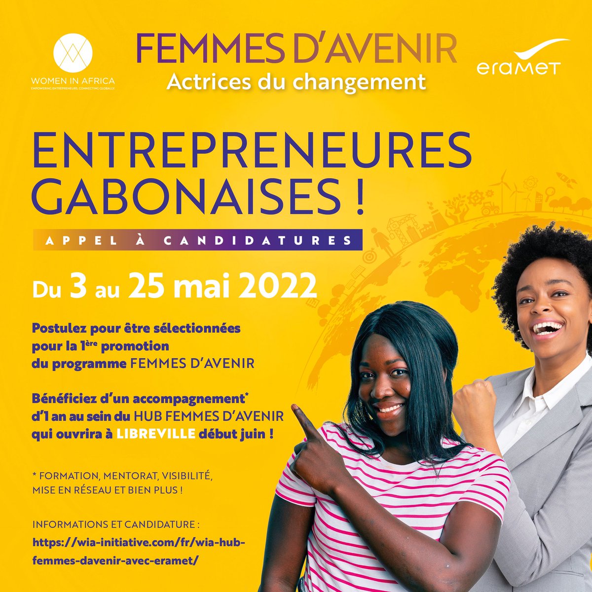 #femmes entrepreneures gabonaises : ne ratez pas cette opportunité de bénéficier d'un accompagnement du groupe
#eramet et l'association #womeninafrica!
Inscrivez-vous et faites partie de la 1ère promotion de Femmes d'avenir
#entrepreunariat féminin #leadership
#réseautage #gabon