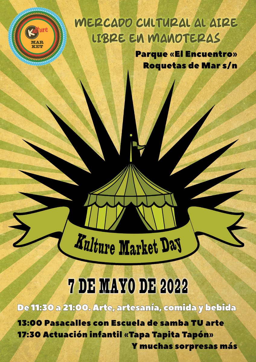 soci_manoteras's tweet photo. 📢Llega una nueva edición del #MercadoCulturalAlAireLibre, organizada por nuestr@s compis de @KultureMarket, a la que tenemos el placer de invitaros
📅 7/5/22
⏰11:30➡️21:00h
📍#ParquedelEncuentro
Habrá arte🖼, artesanía🪅, actuaciones🎭, comida🫓, bebida🍻...
¡Os esperamos!
ℹ👇🏾 https://t.co/LsTupMgJqQ