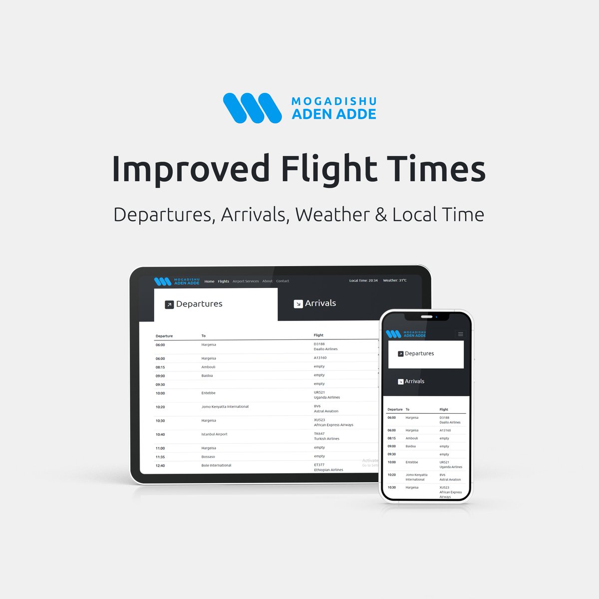 MGQAdenAdde's tweet photo. New, improved and better flight times at Mogadishu Airport website. Departures, arrivals, weather and local time now available.

https://t.co/4RTQEbMB6c

Mogadishu Aden Adde International Airport, Somalia. https://t.co/oy8QQSBmnu