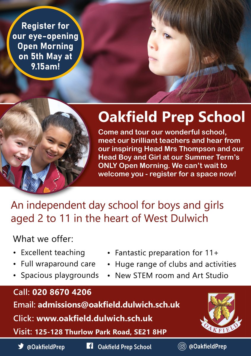 OakfieldPrep's tweet photo. Come and see @oakfieldprep for yourself at our Open Morning this Thursday 5th May. Sign up or just turn up! We can't wait to welcome you and show you our wonderful school - see you at our red gates at 9.15am on Thursday! #OakfieldIsOpen #WorldOfOpportunity #OpenMorning https://t.co/7IrOBa4QrX