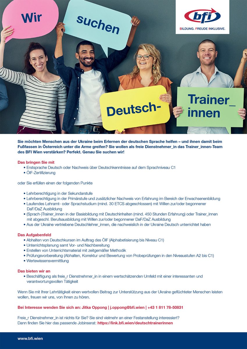bfiWien's tweet photo. Wer kennt wen? Wer weiß was? Um so vielen Ukrainer_innen wie möglich, ein rasches Setteln und den Spracherwerb zu ermöglichen, suchen wir noch ganz dringend Deutschtrainer_innen. RT und Unterstützung ist herzlich willkommen. @florianklenk @LandauDaniel @DinkoFejzuli  (1/2) https://t.co/kR67HFVwZU