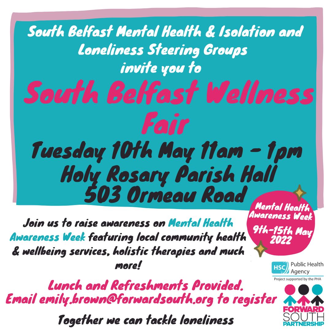 forward_south's tweet photo. One Week to Go! 𝐒𝐨𝐮𝐭𝐡 𝐁𝐞𝐥𝐟𝐚𝐬𝐭 𝐖𝐞𝐥𝐥𝐧𝐞𝐬𝐬 𝐅𝐚𝐢𝐫 is taking place on Tuesday 10th May 11am - 1pm in Holy Rosary Parish Hall with lots of community health and wellbeing organisations attending! Come along and Join us! #MentalHealthAwarenessWeek https://t.co/3beIqtNEj4