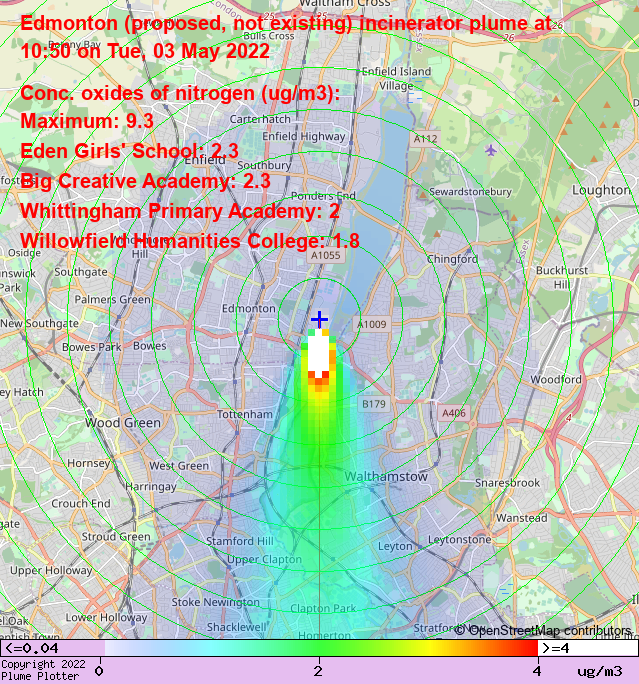 plumeplotter's tweet photo. Latest Edmonton (proposed, not existing) incinerator plume plot, 10:50 03/05/22 #LeaBridge #ClaptonPark #LowerClapton https://t.co/ue2w4O0AUu https://t.co/CMwipEwJsz