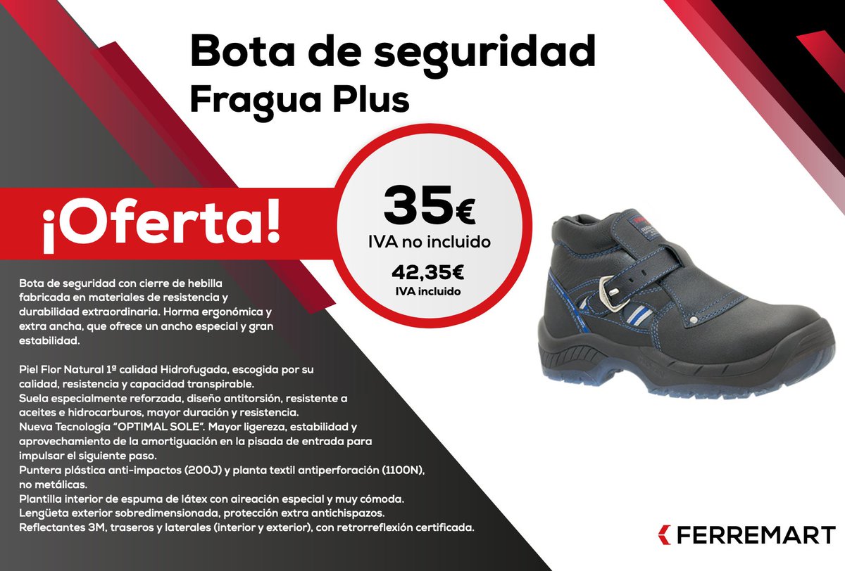 on Twitter: "Oferta Bota de seguridad FRAGUA PLUS por 35€ (IVA incluido). Disponible en nuestra física en las 40, 41, 44. #calzado #seguridad #botaseguridad #panter #fragua #fraguaplus #cartagena #