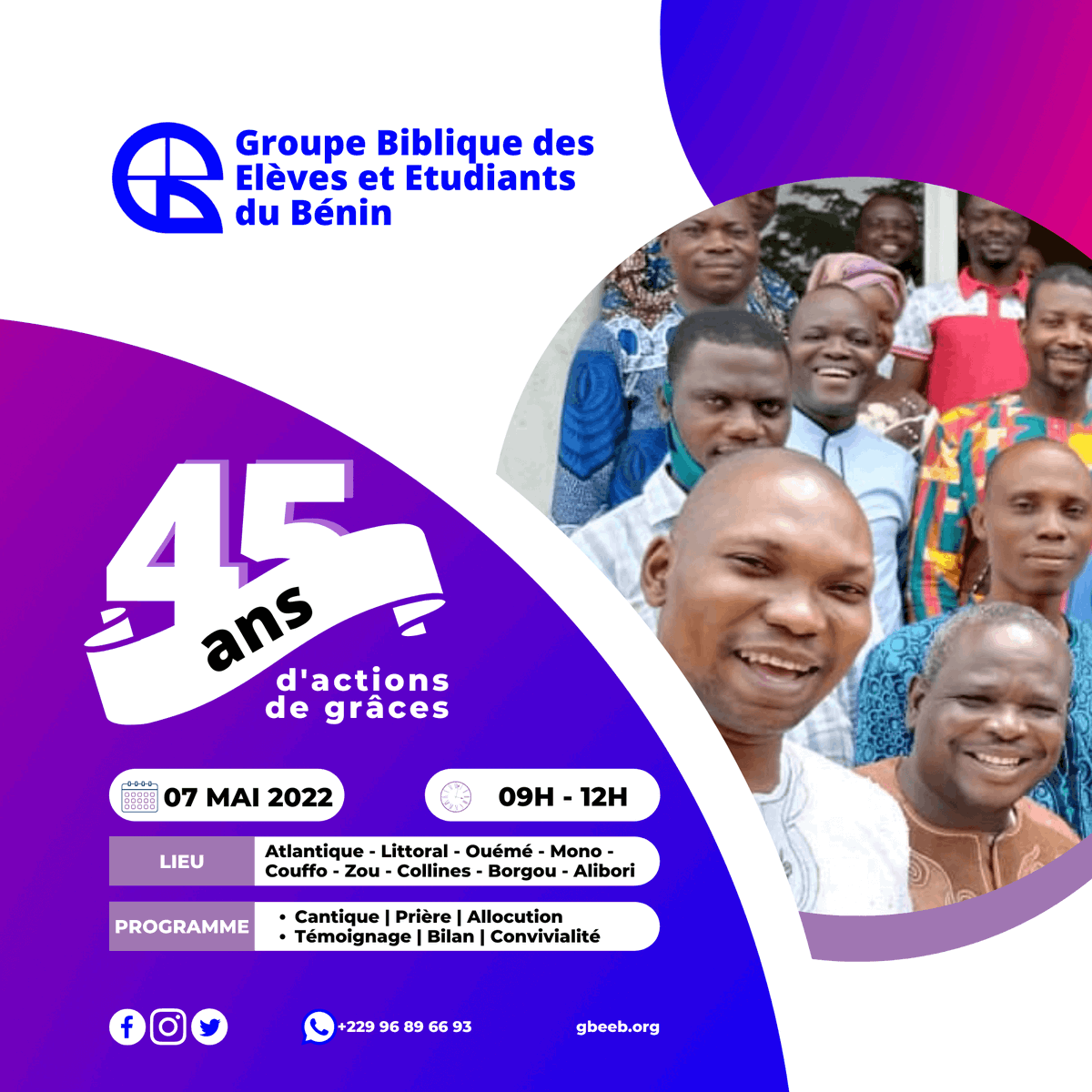 GbeebBenin's tweet photo. Chers Amis,

On se mobilise pour le samedi 7 mai prochain.

Nous célébrons Dieu ensemble pour les 45 ans de vie du GBEEB. Ce sera une occasion particulière d'action de grâces en l'honneur du Seigneur.

Ensemble, gardons le cap ! https://t.co/3PGQM9UPHm
