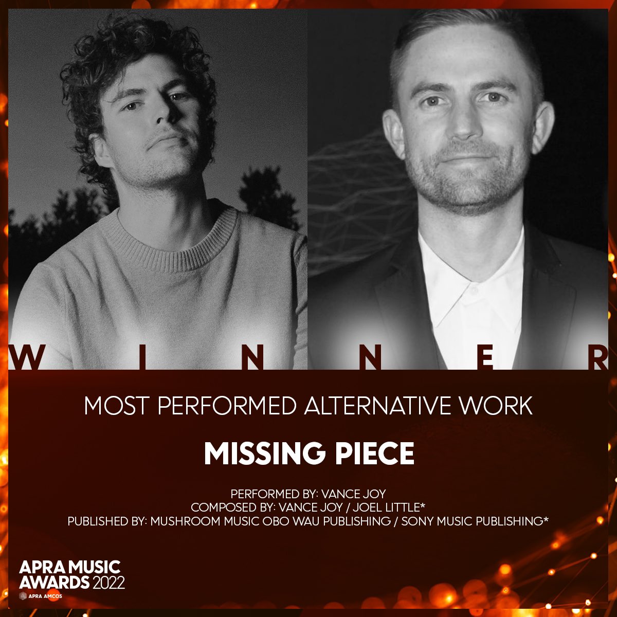 APRA AMCOS (@apraamcos) on Twitter photo I think we've found what you're looking for <a href="/vancejoy/">Vance Joy</a> & <a href="/iamjoellittle/">Joel Little</a> 🧩 😉
The boys are our Most Performed Alternative Work winners for ‘Missing Piece'.
The song is published by <a href="/mushroompublish/">Mushroom Publishing</a> obo WAU Publishing & <a href="/sonymusicpubaus/">Sony Music Publishing | Australia</a> #APRAs I think we've found what you're looking for <a href="/vancejoy/">Vance Joy</a> & <a href="/iamjoellittle/">Joel Little</a> 🧩 😉
The boys are our Most Performed Alternative Work winners for ‘Missing Piece'.
The song is published by <a href="/mushroompublish/">Mushroom Publishing</a> obo WAU Publishing & <a href="/sonymusicpubaus/">Sony Music Publishing | Australia</a> #APRAs