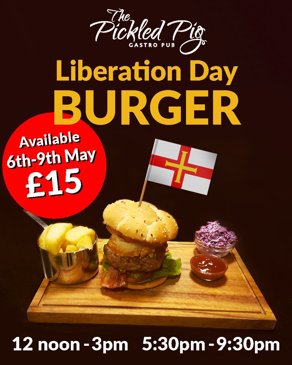 Don't forget to book your table for Liberation Day 🇬🇬🍔

Menu to include our very own Liberation Celebration Burger!