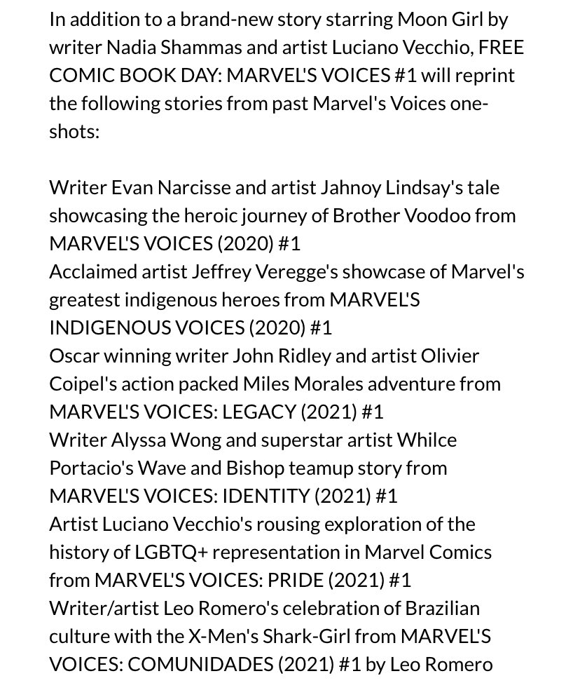 #MarvelComics for #FCBD2022 (5/7/22)
✨
FCBD 2022 #MarvelVoices #1
✨
W/A-See below,cover by #CarlosEGomez/#JesusAburtov
✨
#FCBD #Marvel #MarvelCosmic #BrotherVoodoo #SpiderMan #MilesMorales #Bishop #SharkGirl #AmericaChavez #Hulking #Wiccan 
✨
4 of 4