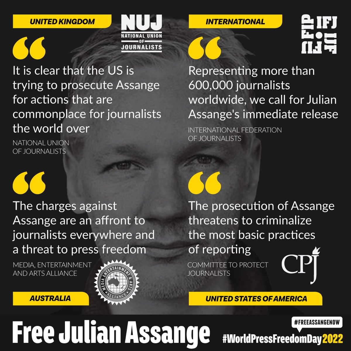 Across the world press freedom orgs oppose the extradition of Julian Assange - facing a 175 year sentence if extradited for publishing truthful information in the pubic interest #FreeAssangeNOW #WorldPressFreedomDay #WPFD2022 @NUJofficial @IFJGlobal
@withMEAA @pressfreedom
