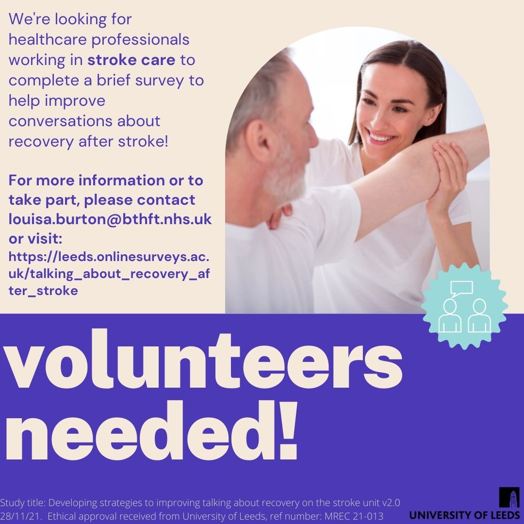 We're still looking for stroke unit staff to complete our survey about ways we can improve conversations about recovery, don't miss the chance to have your say in this important research! 
leeds.onlinesurveys.ac.uk/talking_about_…
<a href="/SPATIALstroke/">SPATIAL</a> <a href="/RCOT_NP/">RCOT Neuro Practice</a>