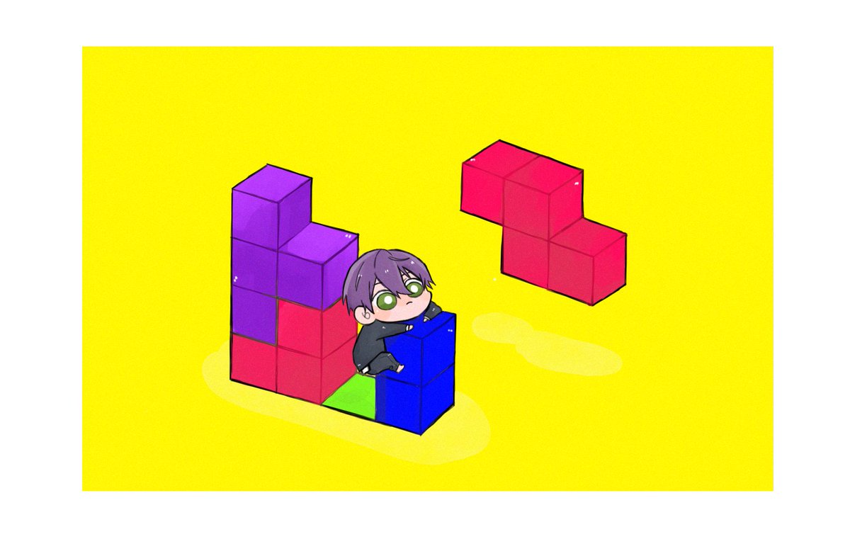 1boy cube solo male focus yellow background chibi green eyes  illustration images