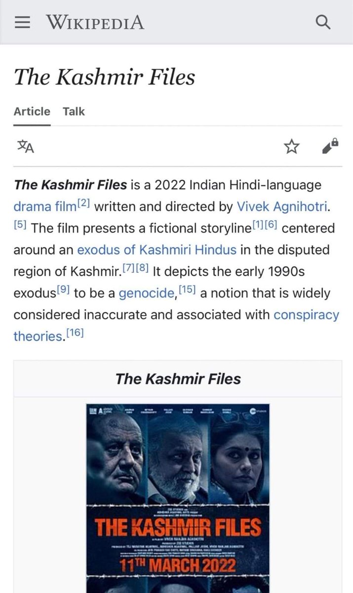 This is what #Wikipedia says about #KashmirFiles 1. FICTIONAL STORYLINE 2. DISPUTED REGION OF KASHMIR I strongly condemn #Wikipedia's willful attempt to overturn the TRUTH. @vivekagnihotri @AnupamPKher @Wikipedia