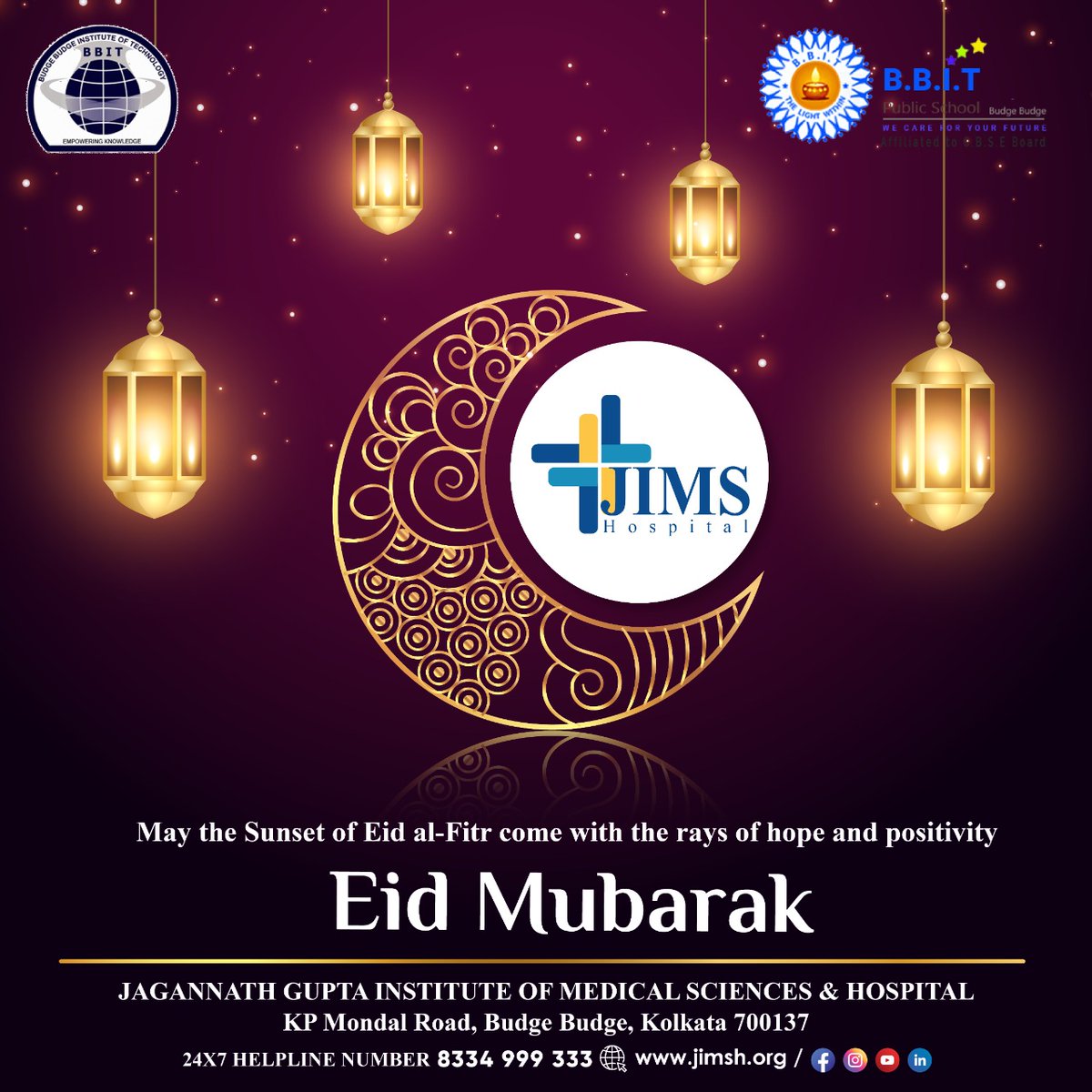 JimshOfficial's tweet photo. May the Sunset of Eid al-Fitr come with the rays of hope and positivity.
Eid Mubarak
➖➖➖➖➖➖➖➖➖
JAGANNATH GUPTA INSTITUTE OF
MEDICAL SCIENCES &amp; HOSPITAL
KP Mondal Road, Buita, Budge Budge, Kolkata 700137
24x7 Help Line 📞 8334 999 333
 #jimsh #NABHAccredited #eidmubarak https://t.co/FoJDvflg6k